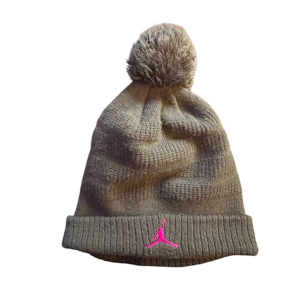 Jordan Youth Pom Beanie Hat - Grey with Pink Jumpman Logo - Winter Knit Cap - Picture 1 of 3